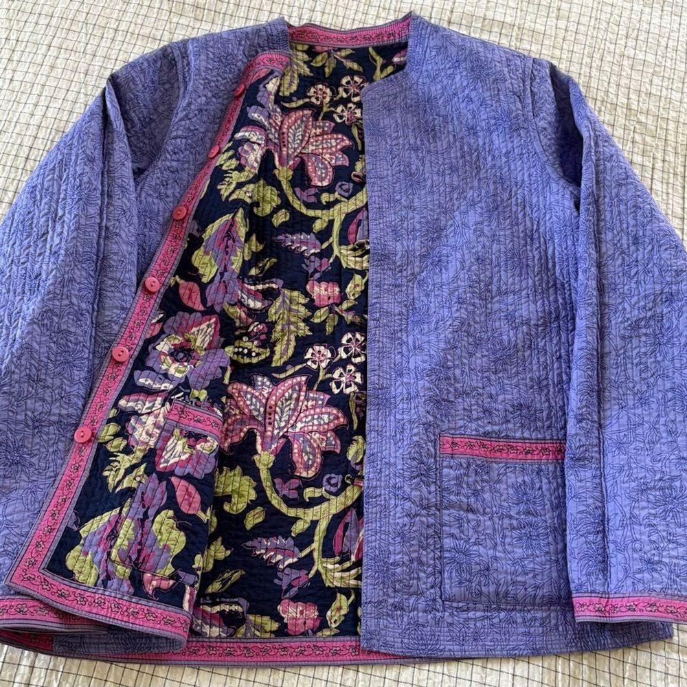 Reversible Women Floral Textured Quilted Jacket Size L Pockets Both Sides P2P 22 - Picture 5 of 12